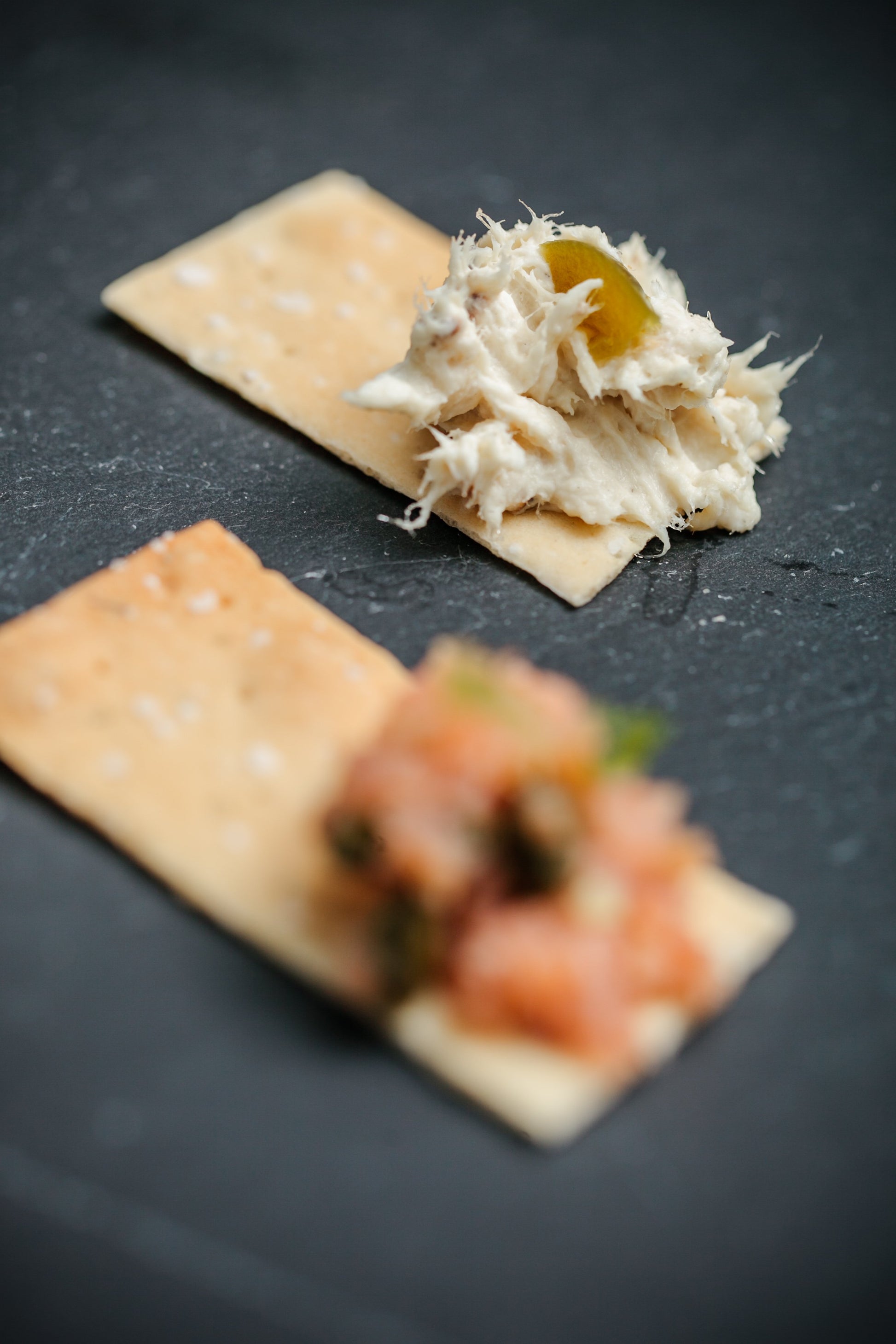 one cracker with salmon tartare and the other cracker with Fjord dip